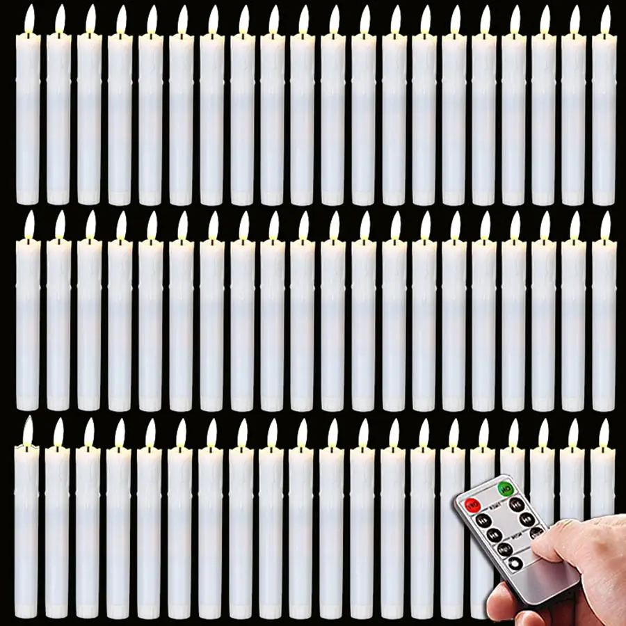 6/60pcs Flameless LED Taper Candles Flickering 6.8 Inch Candles with Remote and Timer, LED 3D-Wick Window Candles for Wedding, Party, Home Decor - White
