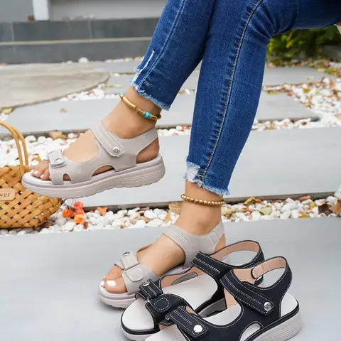 Peicnora Women's Cute Casual Fabric Platform Sandals - Adjustable Ankle Strap, Thick Sole, Durable PU Synthetic, Plastic Upper, Crisscross Open Toe, Walking Shoes, Everyday Shoes for Women, Platform Lift (Beige, Black, Navy)