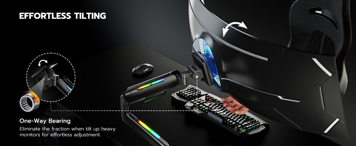ARES WING Single/Dual Heavy Duty Monitor Arm for 49'' & 44 Lbs Ultrawide Screen, Compatible with Samsung Odyssey G9 and LG Monitor, RGB Desk Arm, 360 Rotation Adjustable Single Mount