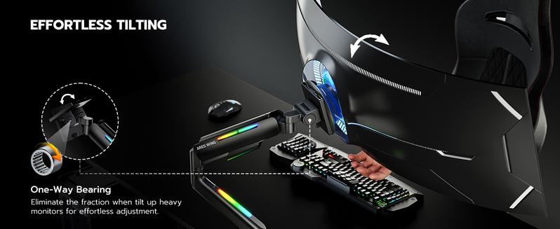 ARES WING Heavy Duty Single Monitor Arm for 49'' & 44 Lbs Ultrawide Screen, Compatible with Samsung Odyssey G9 and LG Monitor, RGB Desk Arm, 360 Rotation Adjustable Single Mount