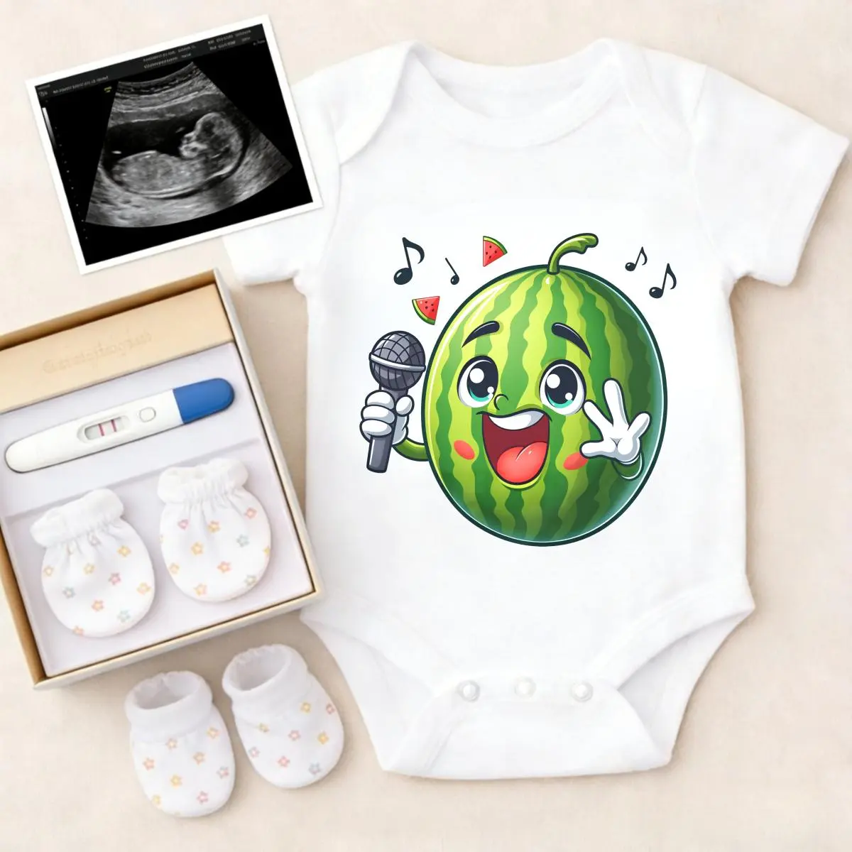 100% Pure Cotton Baby Bodysuit - Singing Watermelon Cartoon Print, Non-Irritating, Breathable, Stretchy, Snap Closure, Envelope Neck, Roomy Legs, Pure Cotton Clothes for Sleep & Play (Kids' Boys' Tops)