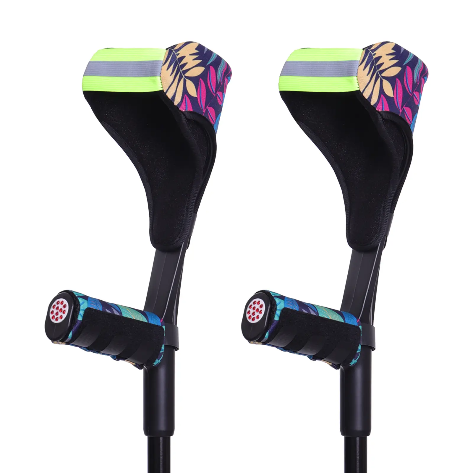 2-Pair Forearm Crutch Sleeve Set, Floral Oxford Cloth Soft Cushion Covers with Reflective Strip, Breathable Anti-Slip Washable Elbow & Hand Grip Protectors for Daily Walking, Outdoor Use, Two Pairs