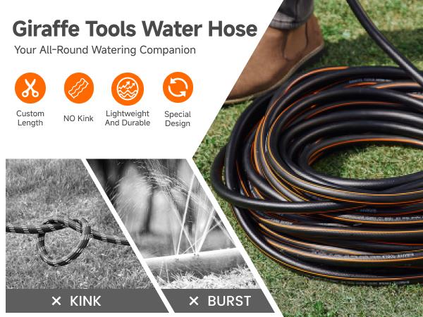 Giraffe Tools 6-25FT 5/8" Hybrid Custom Hose Aluminum Plated Connector Male to Female Re-installed Customize Hose Durable 3 Layers of Enhanced Structure All Weather Flexibility Garden Hose with 150PSI W.P. , 600 Burst PSI for Efficient Watering