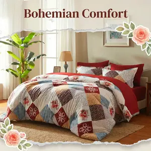 Cosybay 7 Pieces Queen Comforter Set, Reversible Bed in a Bag Queen Size, All Season Luxury Bedding Set with Comforter, Flat Sheet, Fitted Sheet, Pillowcases & Shams, Red Brown Bohemian Quilt Set  Tufted Boho Luxury Bedding Sets with Comforter ﻿