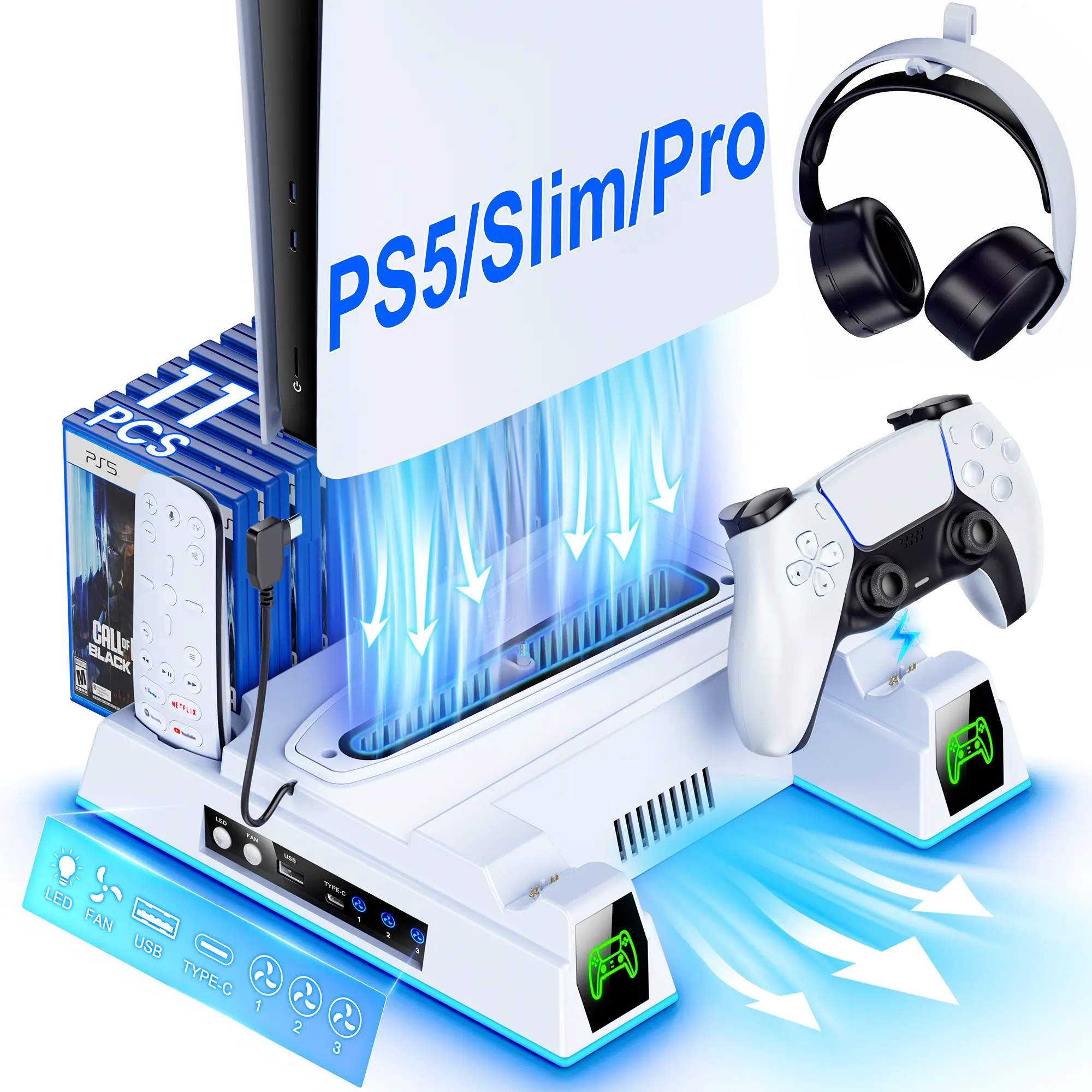 BEBONCOOL PS5 Pro/Slim/PS5 Stand and Cooling Station with Controller Charging Dock for PS5 Disc & Digital, 3 Fan Speeds, 11 Game Slots, USB, LED, Headset Holder