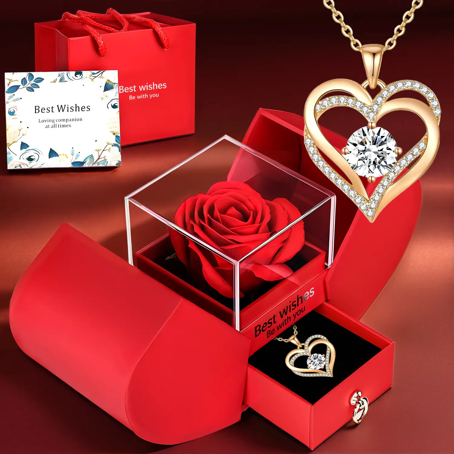 Rose Gift Box with Heart Necklace, Birthday Gift Jewelry, Jewelry Gifts, Perfect Birthday, Valentine's Day and Christmas Present for Wife, Lover, Friend or Grandma