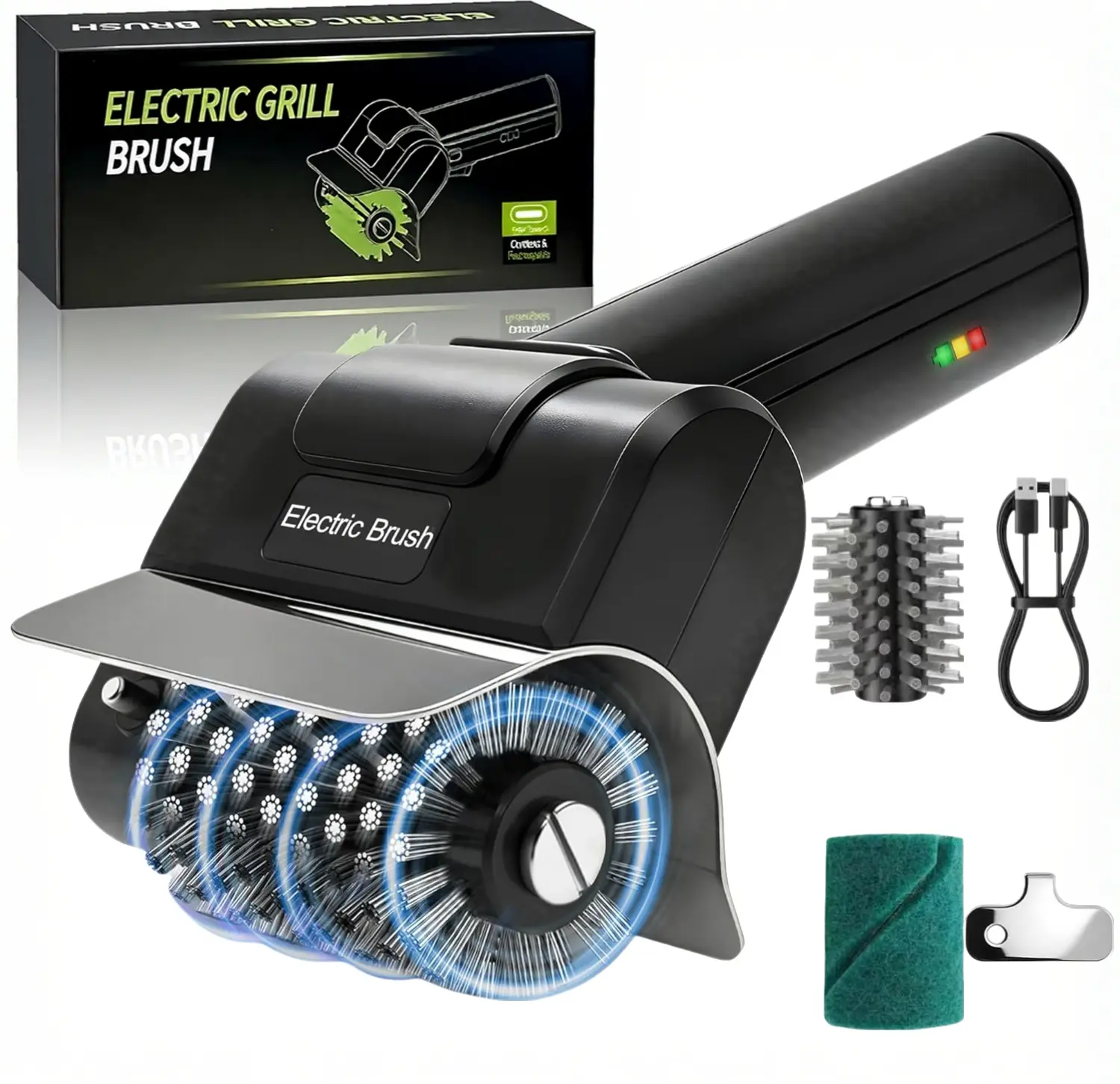 Wireless Cordless USB Rechargeable Electric BBQ Cleaning Brush - High-Speed Motor, Heavy-Duty Stainless Steel Bristles, Detachable Scouring Pad Head, Automatic Grate Cleaner, Essential Grilling Accessories for Fathers, Husbands, Bbq Tools, 2000Mah, Family