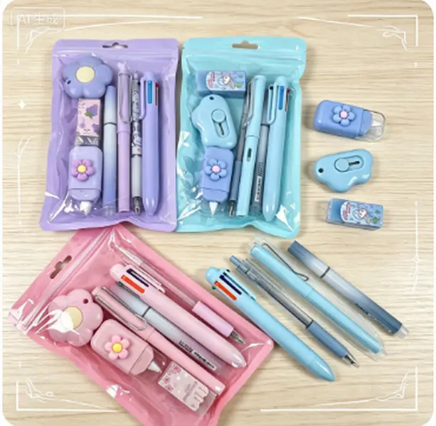 7Pcs 3 Pack Macaron Pastel Stationery Set, Japanese Kawaii Style School Supplies Gift Box with Gel Pens, Highlighters, Correction Tape, Utility Knife & Eraser, Cute Back to School Office Gifts for Girls & Students