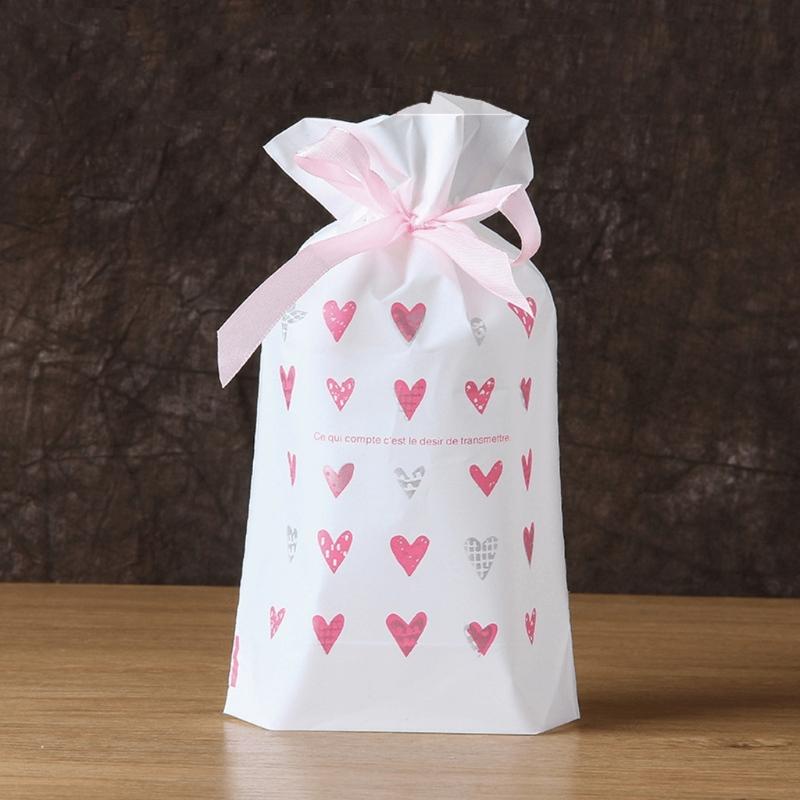 Valentine’s Day Gift Bag Sweet Pink Heart Striped Drawstring Pouch for Wedding Valentine Party Gift