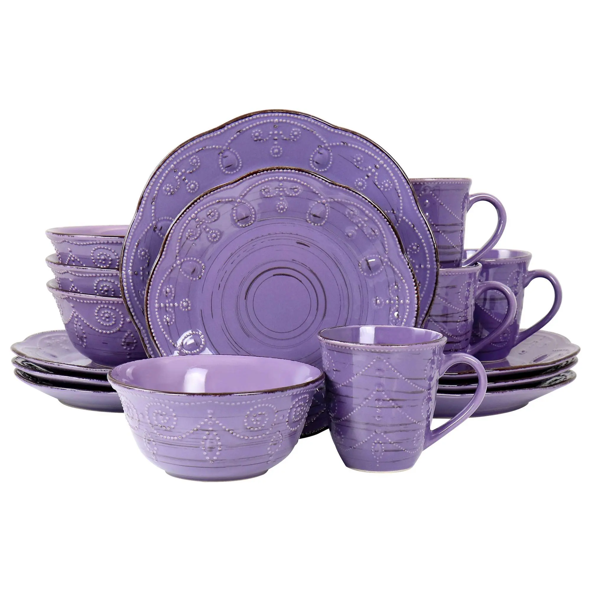 Elama Rustic Birch 16-Piece Stoneware Dinnerware Set in Purpl