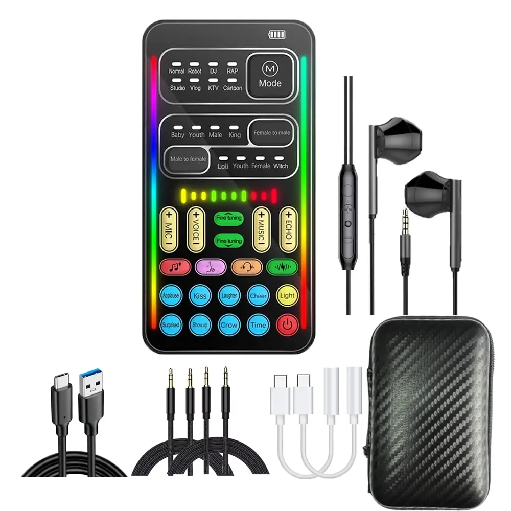 Unisex i9 Real-Time Voice Changer with Sound Card - 8 Sound Effects, Gaming Accessories (Mini Mic, Monitor Earphone, Adapters), Plug & Play, Compatible with PC, PS5, Xbox, Switch, Android, iOS, Ideal for Friends, with LED Lights, 3.5Mm Cable