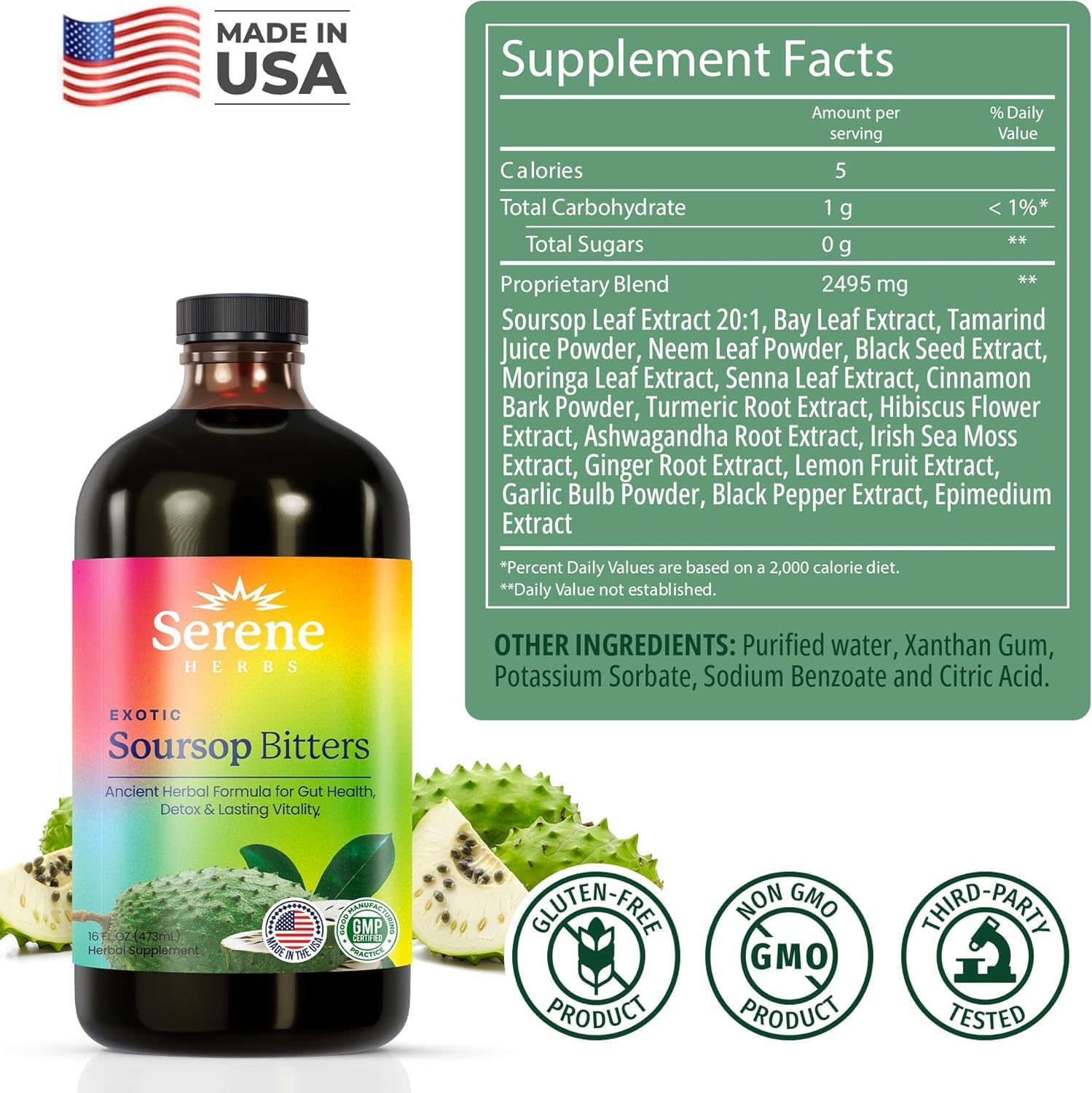 Soursop Bitters Liquid – Organic Herbal Detox with Black Seed, Moringa & Ginger by Serene Herbs – Supports Digestive Wellness & Immune Function – 16 fl oz​