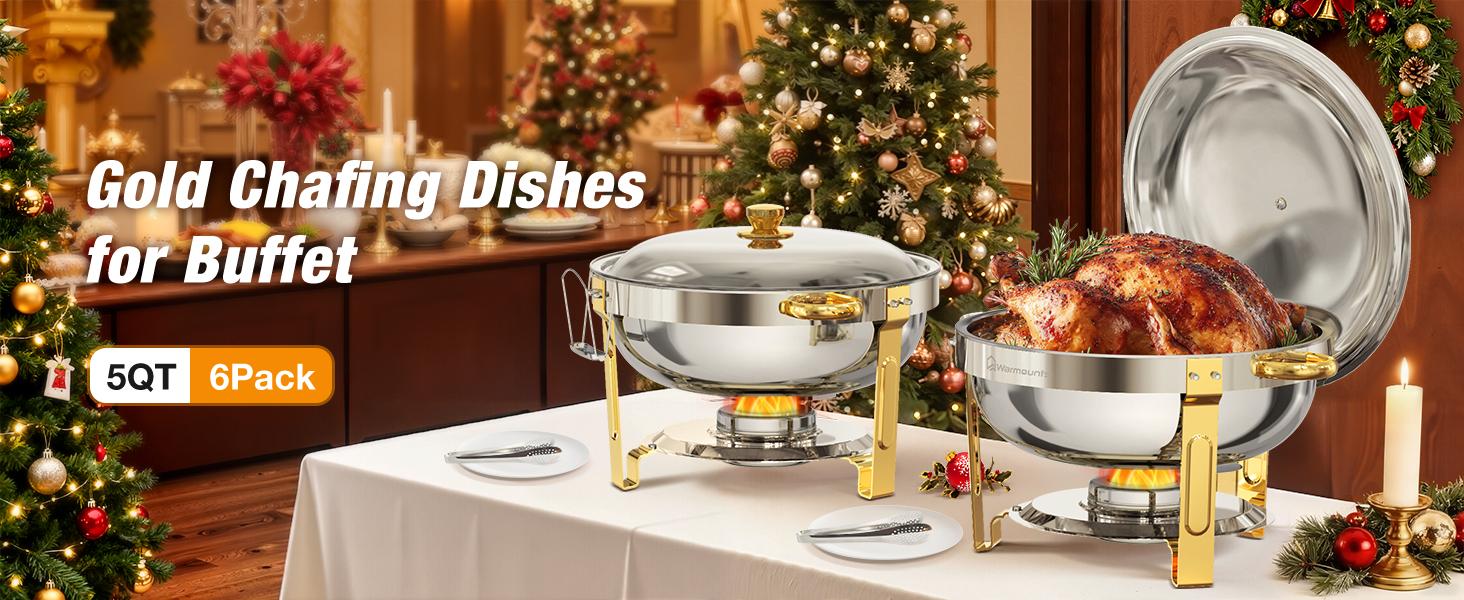 WARMOUNTS 5QT Elegant Gold Chafing Dish - Round Stainless Steel Buffet Warmers with Cut-Resistant Rims & Lid Holder for Wedding Catering & Party&Holiday Feasts Events