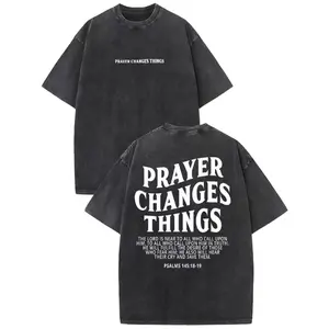 Prayer Changes Things Vintage Washed High Quality Cotton Patterned T-Shirt Men's T-Shirt Old Summer Clothing Drop Shoulder Sleeve Round Neck Tops Short Sleeve