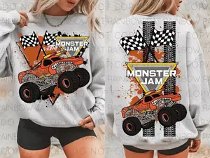 Youth and Adult El Toro Loco Monster Jam 2 Sided Sweatshirt, Monster Jam shirt, Monster Truck Racing Graphic with Checkered Flags and Tire Tracks, Monster Truck Fan Gift, Youth clothing, gift for son and daughter, summer outfit, holiday outfit