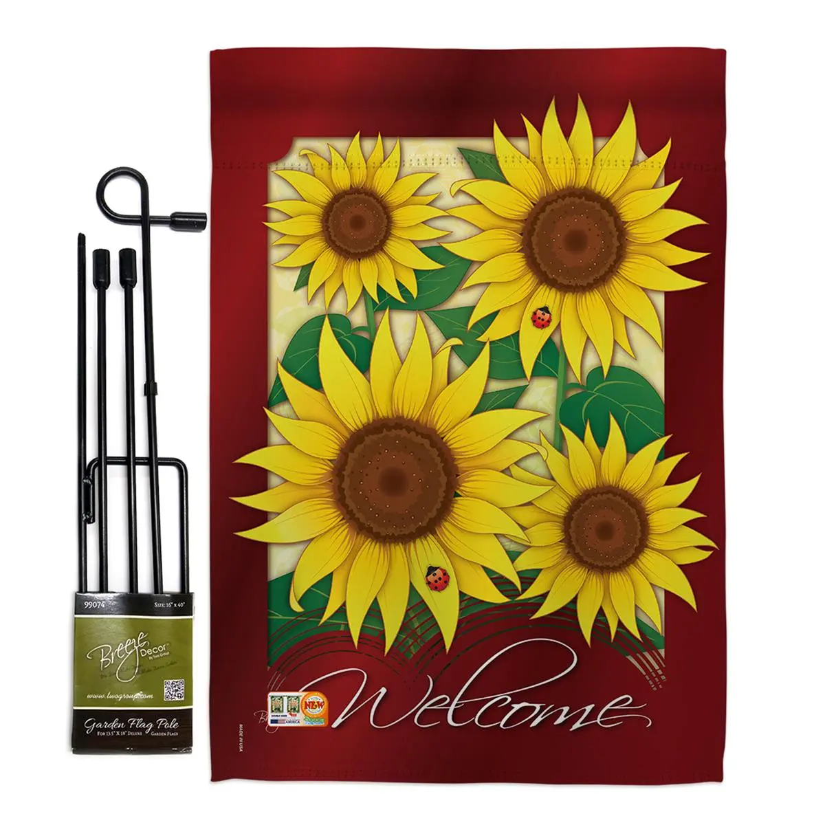 Breeze Decor BD-FL-GS-104067-IP-BO-D-US10-BD 13"x18.5" Double-Sided Welcome Sunflowers Spring Floral Impressions Vertical Garden Flag Set, with Banner Pole, Indoor-Yard Decor, Soft to the Touch