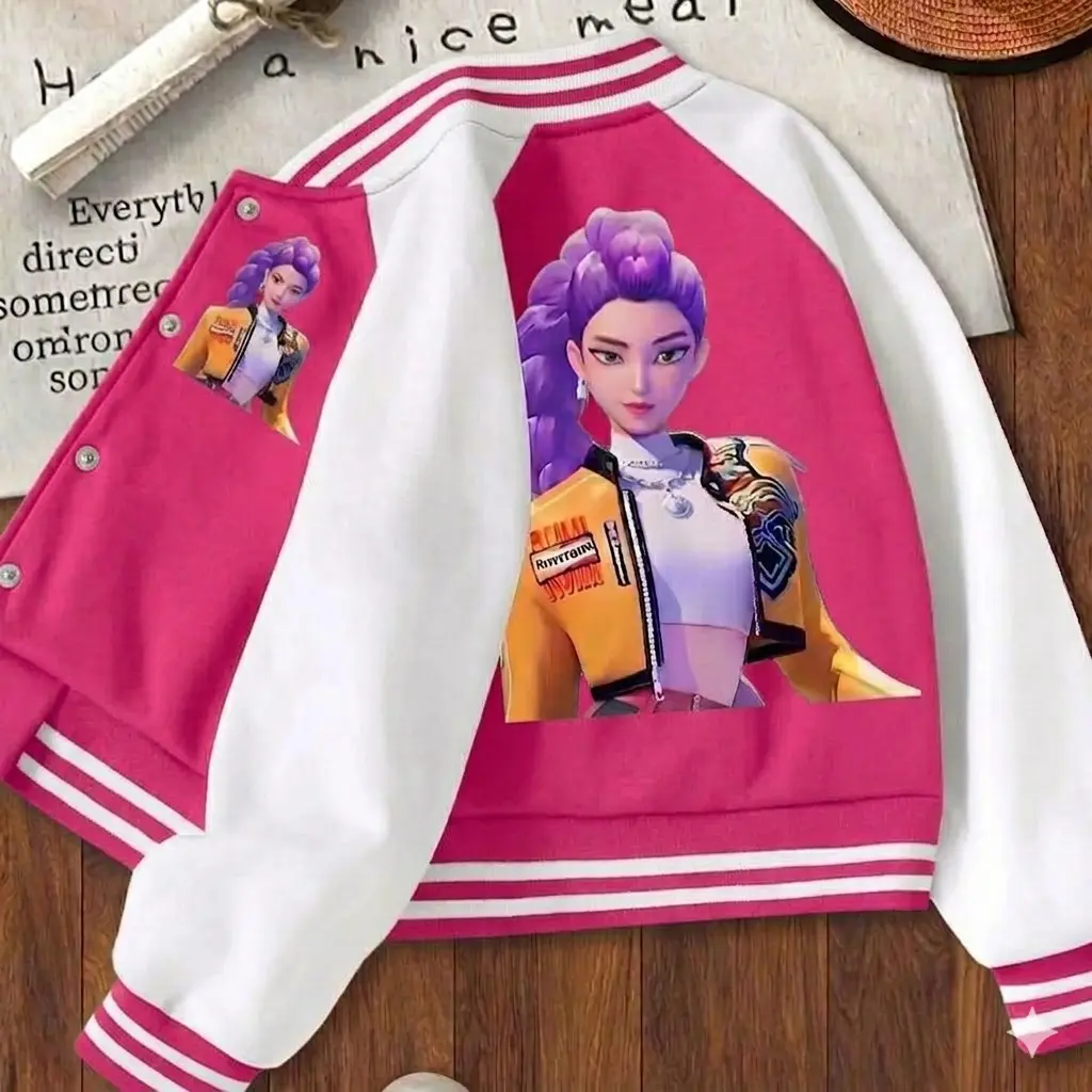 Teen Girls' Collared Neck Graphic Jacket - Slim Cut, Casual Elastic Fabric Outerwear Coats, Sporty Chic, Pockets, Fall-Winter Fitted School Uniform Wear, Anime Print, Flexible Movement, Versatile Use