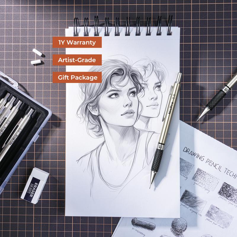 Nicpro Art Mechanical Pencil Set in Case, 4 PCS Metal Drafting Pencil 0.5 mm & 0.7 mm, Lead Pencil with 6 Tube HB Lead Refills, 3 Erasers, 9 PCS Eraser Refills for Artist Writing, Drawing, Sketching Nicpro Art Mechanical Pencil Set in Case, 4 PCS Metal Drafting Pencil 0.5 mm & 0.7 mm, Lead Pencil with 6 Tube HB Lead Refills, 3 Erasers, 9 PCS Eraser Refills for Artist Writing, Drawing, Sketching