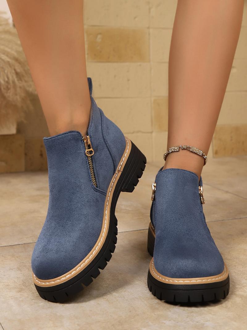 Women's Fashion Thick-sole Ankle Boot Comfortable Slip-Resistant Side-Zip Boots Solid-Color Low-Top Fall/Winter Casual Shoes
