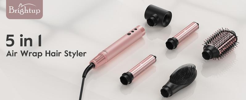 Brightup 5 in 1 Air Styler Automatic Hair Curling Iron with Detachable Brush Head, Blow-Dry,Straightening Wrap  Negative Ions Ergonomic Rose Gold(Advanced Custom) Christmas Gifts Holiday Gift