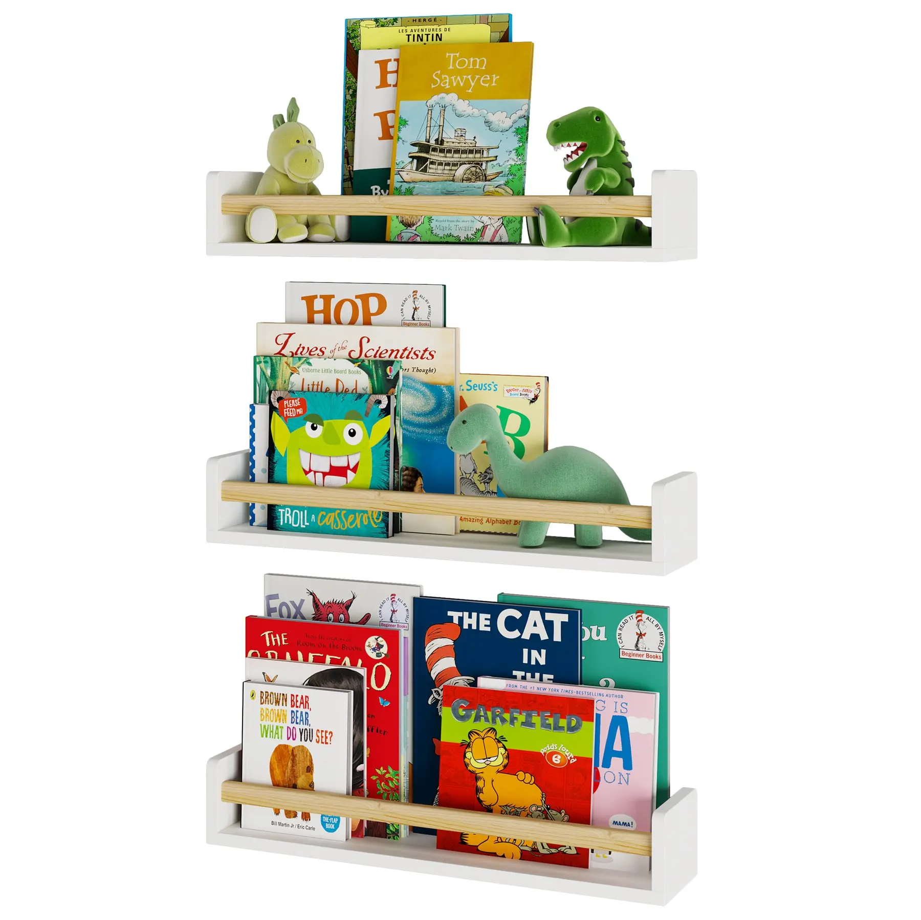 MODORATE Set of 3 Nursery Book Shelves - Wooden Nursery Shelves - Wall Bookshelf for Kids Room - Toddler Book Shelf