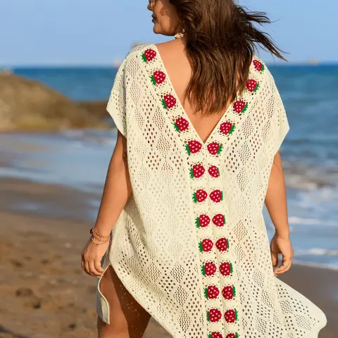 BloomChic Textured Cut-Out Strawberry Swim Cover-Up 【M-6XL】