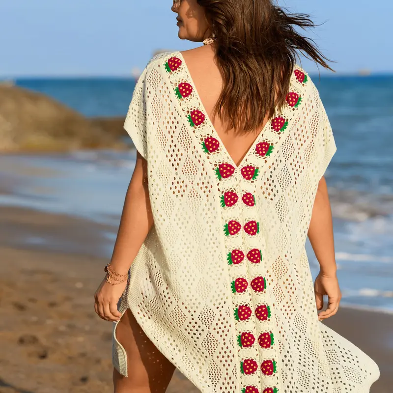 BloomChic Textured Cut-Out Strawberry Swim Cover-Up 【M-6XL】