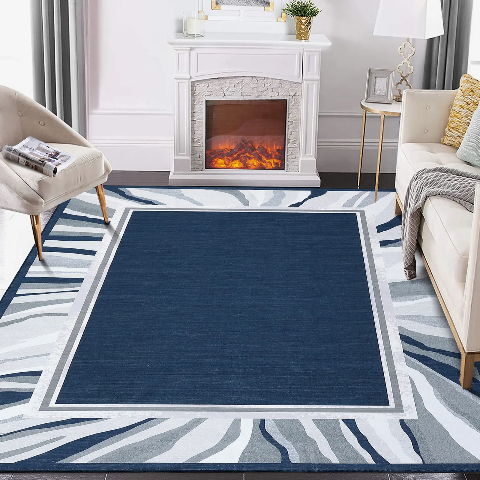 8x10 Polyester Fiber Area Rug, Modern Classic Abstract Border Low Pile Weave Rug, Washable Non-Slip Non-Shedding Foldable Carpet for Multiple Rooms, Navy