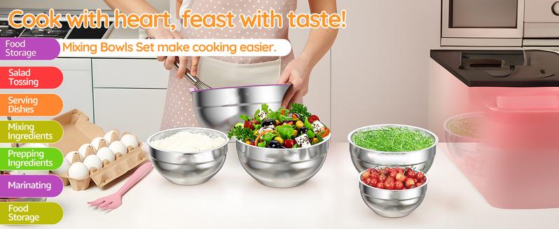 Stainless Steel Mixing Bowls Set with Colorful Lids,6 Piece with 3 Graters,Stackable for Baking Supplies Mixing Bowl,Serving Stackable 4.5QT to 0.7QT