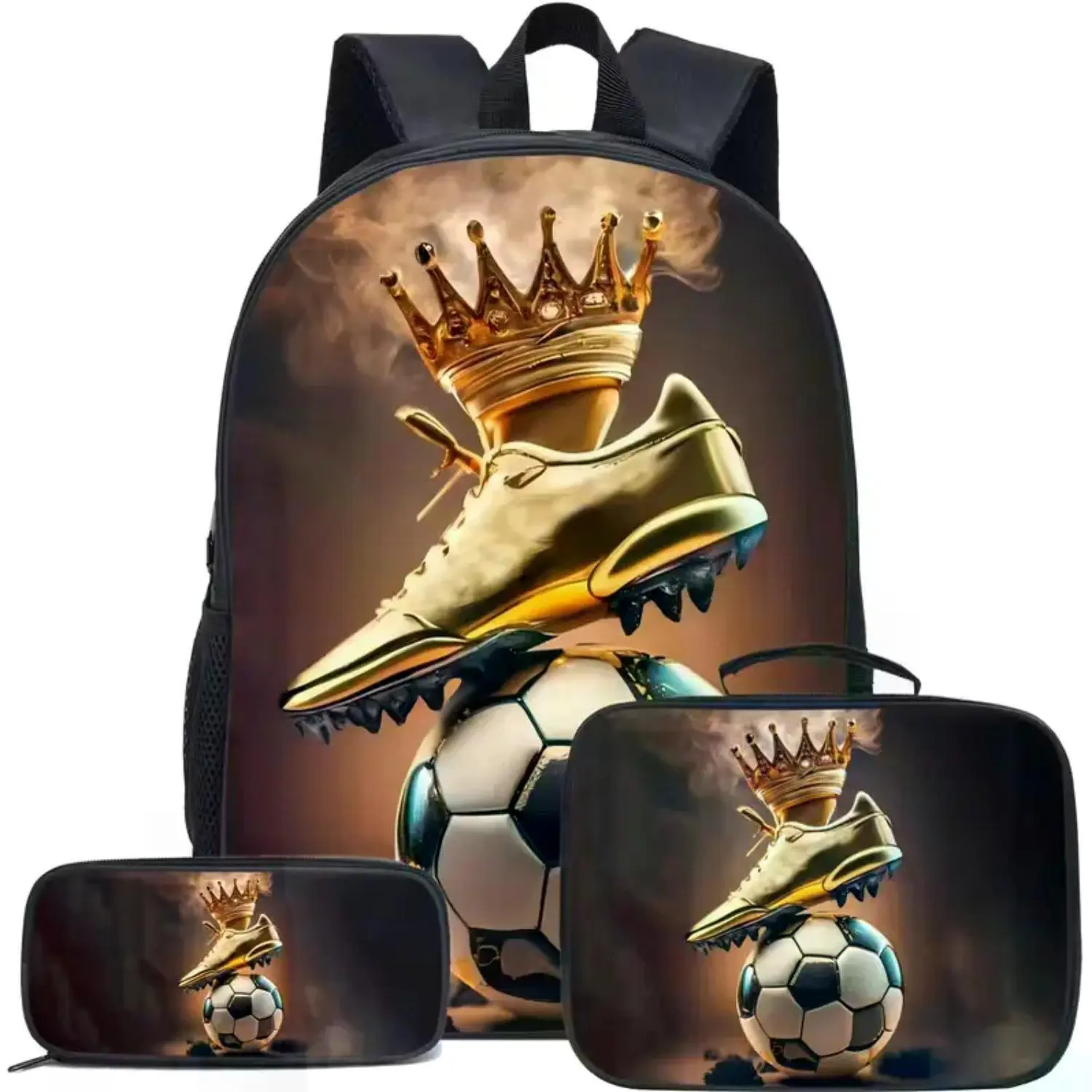 3-Piece Soccer Crown Backpack Set for Kids & Teens: Gold Cleat School Bookbag with Coordinated Lunch Bag & Pencil Case, Adjustable Straps, Perfect for School, Sports, Travel & Daily Use