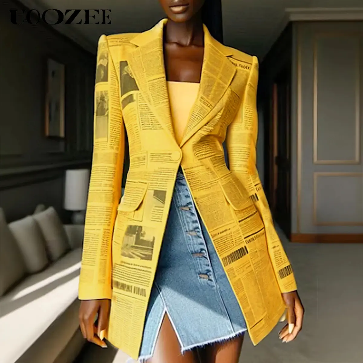 UOOZEE Women's Polyester Newspaper Print Blazer - Elegant Casual Slim-Fit Long-Sleeve Button-Front Top with Notched Collar, Pockets for Carry, Pocket Convenience, Comfortable Work Clothes Women (Runs Small, Flatters Thin Types), Longsleeves