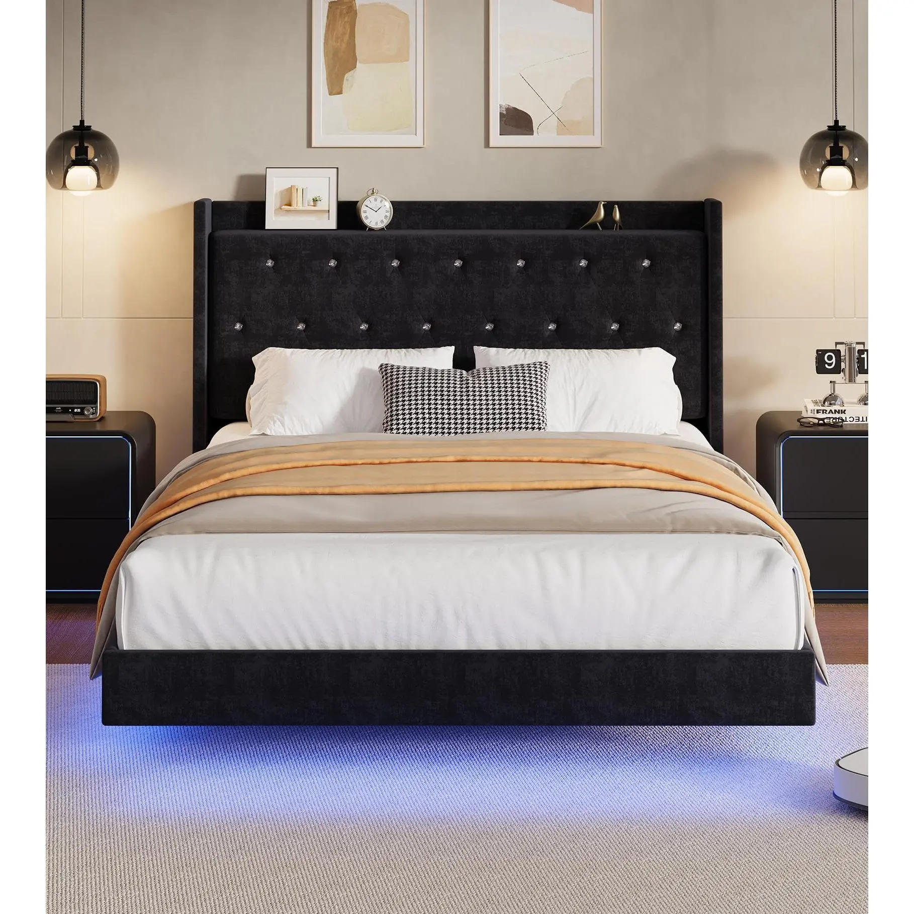 Black Full Size Sturdy Modern Wingback Floating Platform Bed Frame - Velvet Upholstered Storage Headboard, LED Lights, No Box Spring Needed, Noise-Free, Easy Assembly (Floating & Upholstered Bed Frames Included), Sturdy Bed Frame