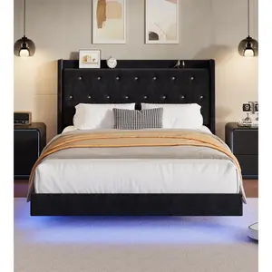 Full Size Bed Frame with LED Lights, Black Floating Platform Bed with Velvet Upholstered Storage Headboard, No Box Spring Needed, Noise Free, Easy Assembly
