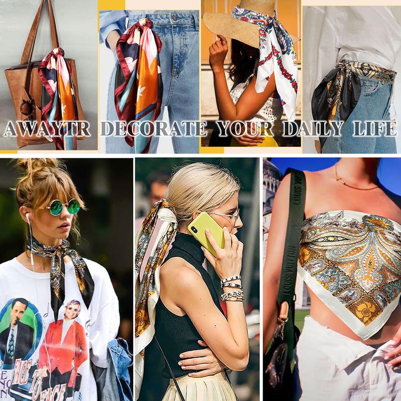 AWAYTR 35” Silk Like Square Headscarf 4Pcs Large Bandana Head Kerchief Fashion Pattern Hair Scarves for Women Head Wrap