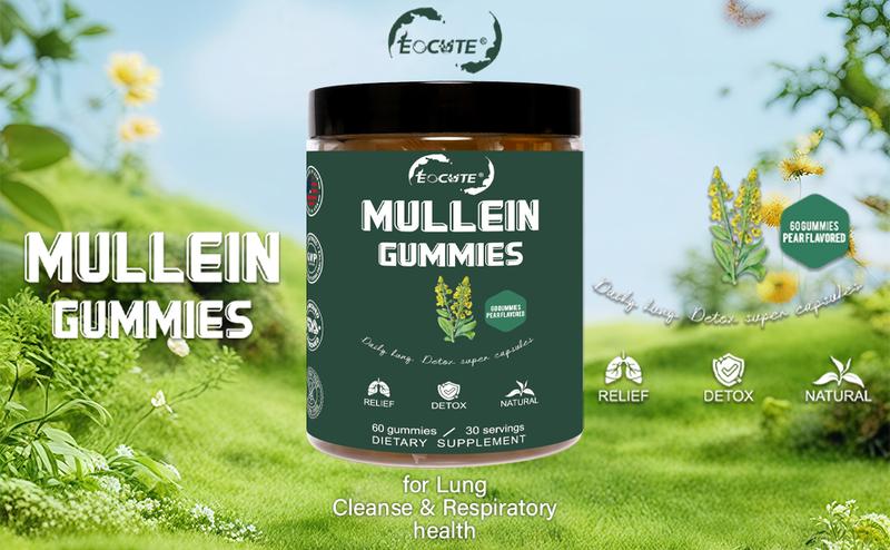 EOCUTE 9 in 1 Mullein Gummies for Lung Cleanse, Extra Strength 10000 MG(10:1 Extract) Mullein Leaf Extract w/Quercetin, Bromelain, Elderberry & Marshmallow for Respiratory, Immune, Vegan,60 Count