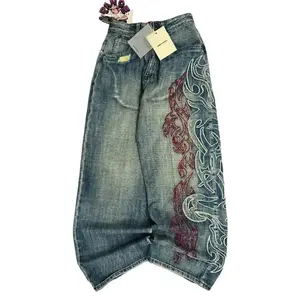 Y2K American New Pattern Embroidery Baggy Jeans Men High Street Vintage Hip Hop Fashion Casual Joker Couple Wide-leg Denim Trouser with PocketGift