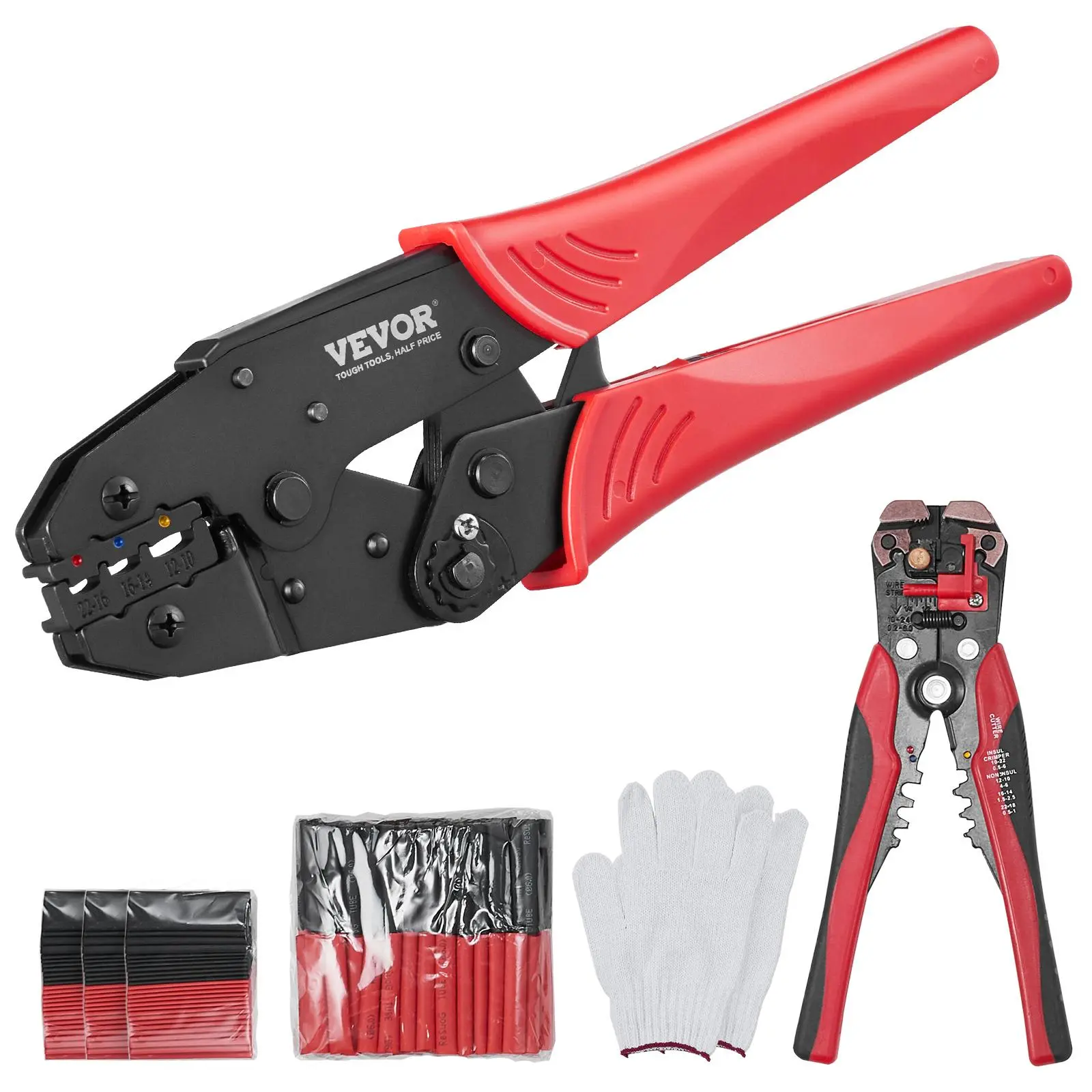 VEVOR Carbon Steel Ratcheting Crimping Tool Set with Crimping Jaws, Heat-Treated Jaws, 1x Stripping Pliers, Long Handle Terminal Crimper, 210pcs Heat Shrink Tubes, Easy Operation for AWG22-10 Insulated Electrical Connectors (Father's Day Gift Option)