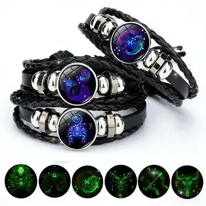 Black Twelve Zodiac  Leather  - Adjustable 12 Constellations Glow-in-the-dark  Jewelry Accessory Perfect Personalized Gift Timeless Accessory spirit bracelet