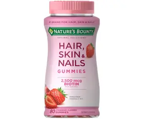 Nature's Bounty Optimal Solutions Hair, Skin & Nails Vitamin Gummies with Biotin, 2500 mcg, Strawberry, 80 Count, 40 Total Servings