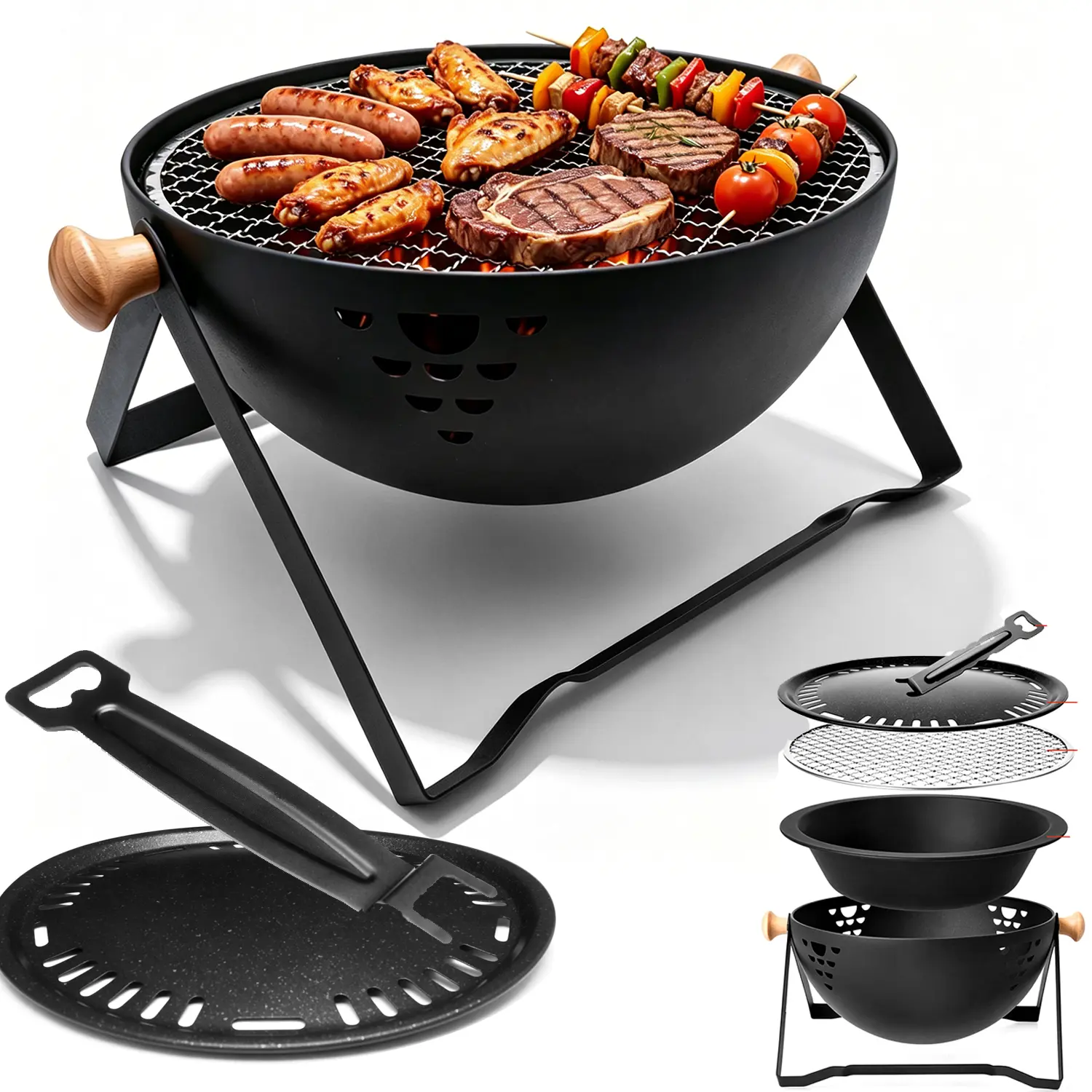 Portable Charcoal BBQ Grill, Multi-Functional Mini Tabletop Barbecue Grill with Grill Net & Grill Clip, Compact Nesting Design Outdoor Camping Picnic Backyard Small Charcoal Grill for Steak, Sausages, Skewers