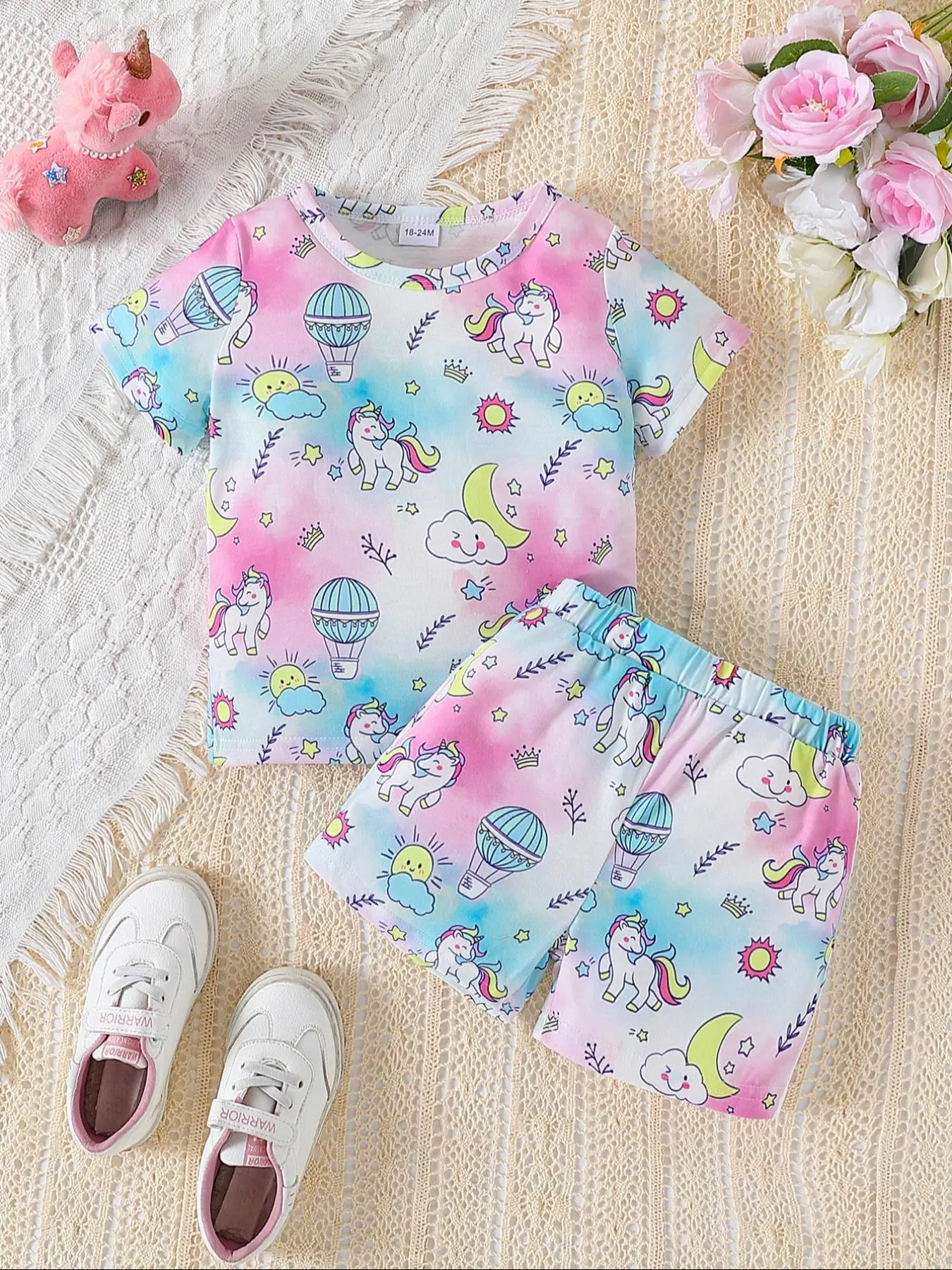 Girls Unicorn Print Gradient Short Sleeve Pajamas, Cartoon Print Sleepwear, Breathable Soft Fabric, Dreamy Cute Colors, Perfect for Kids Home Wear, Toddler Pajamas