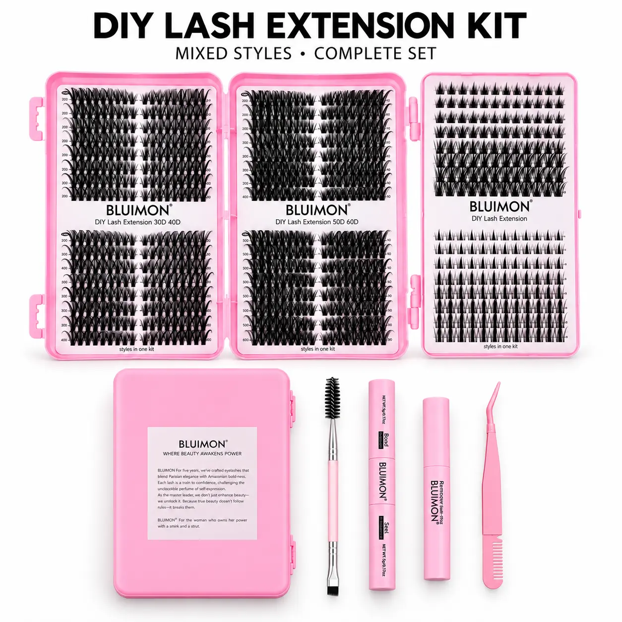 PMIX DIY Lash Extension Kit, Mixed Cluster Lashes with Bond & Seal, Remover, Applicator and Lash Brush, Customizable Lash Set