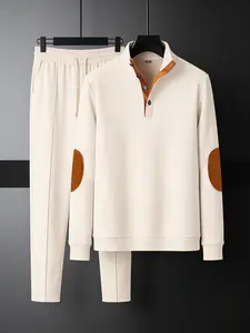 Men's autumn new style American stand up collar button elbow protection color blocked long sleeved hoodie and pants set