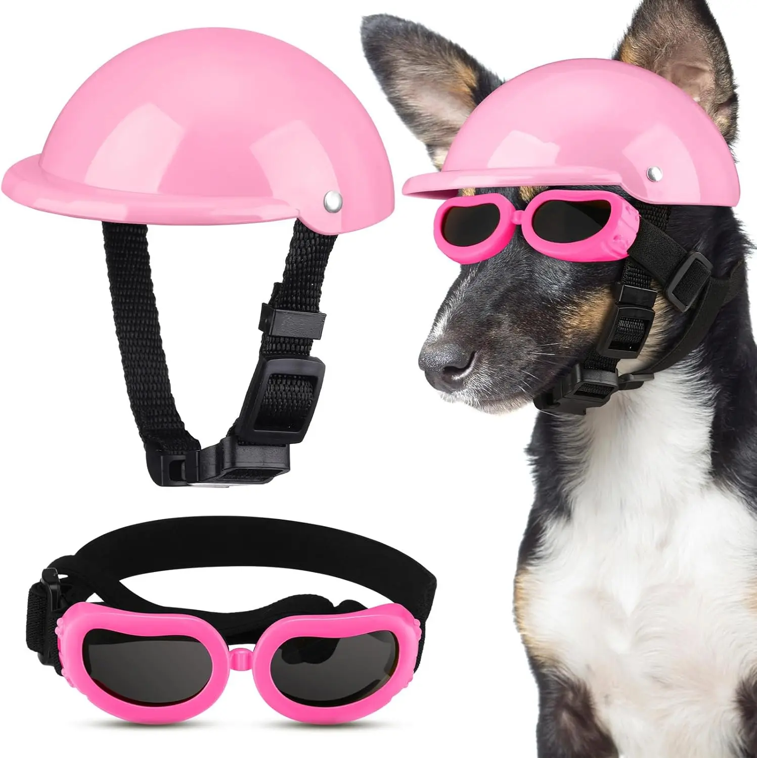 Frienda Dog Helmet and Goggles, UV Protection Doggy Sunglasses and  Inch Padded Puppy Motorcycle Helmet Adorable Dog Goggles with Adjustable Belt for Small Dogs Puppy Riding(Pink,L)