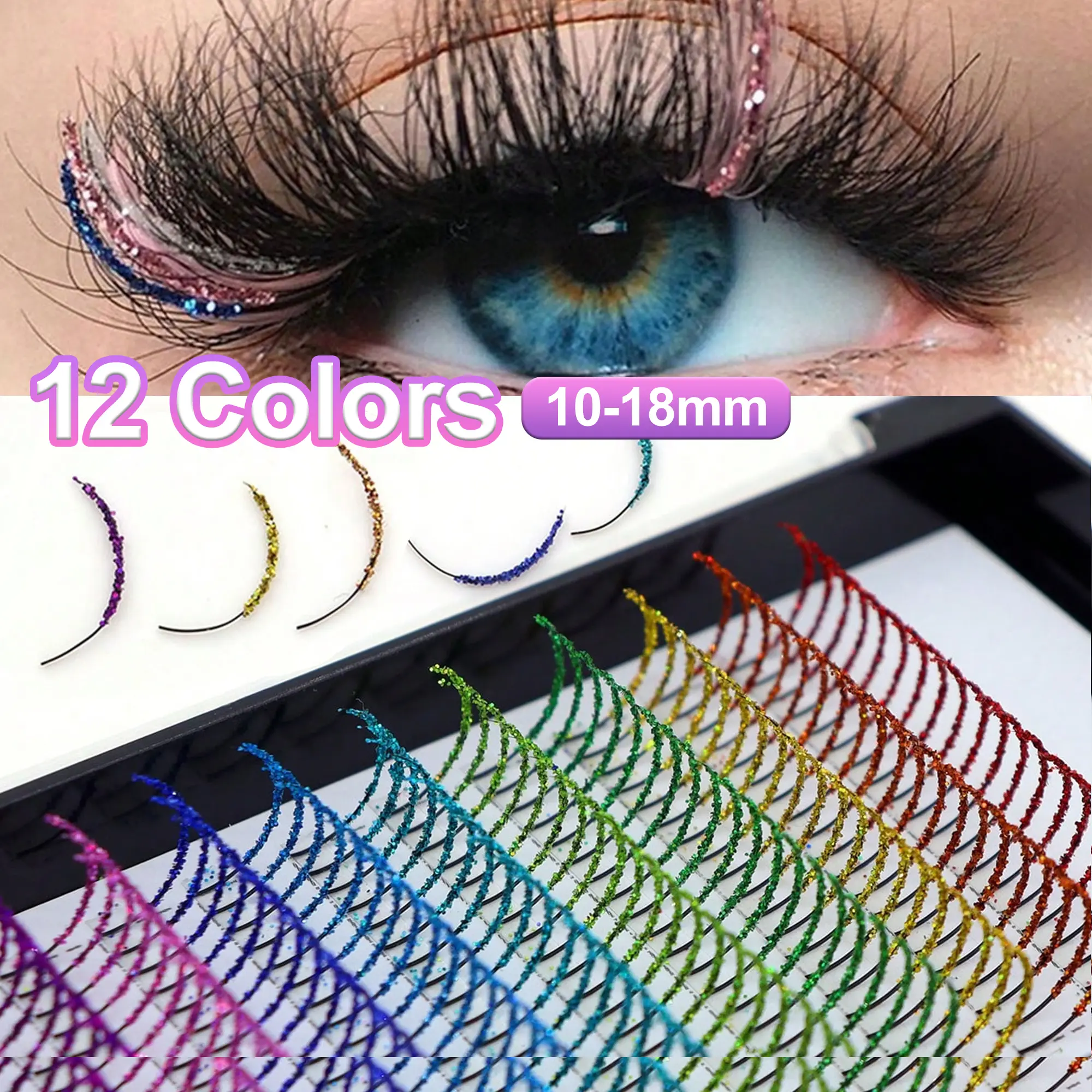 Mixed Color Glitter Eyelashes, Fairy Bridal Luxurious Fake Synthetic Lashes, High Quality Eyelashes, 12 Colors Sparkle Dense D Curl 10-18mm, Festival Party Performance Eyelashes, Makeup