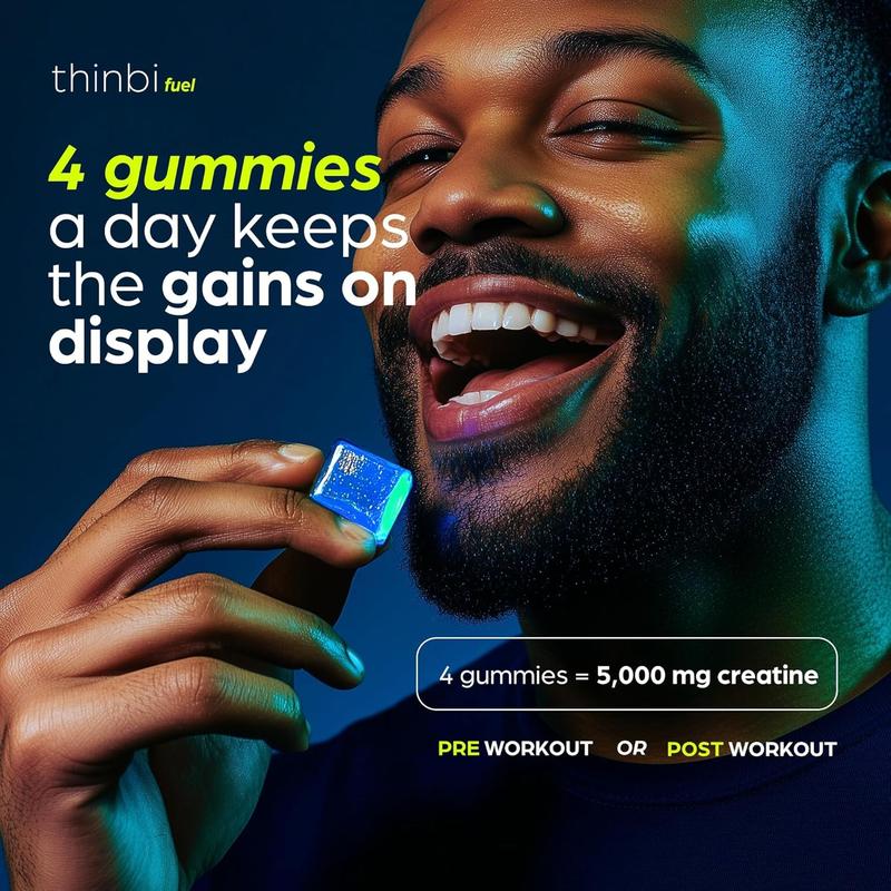 Thinbi Creatine Monohydrate Gummies 10000mg with L-Taurine & Vitamin B12 120 Sugar-Free Gummies for Muscle Strength & Energy Boost