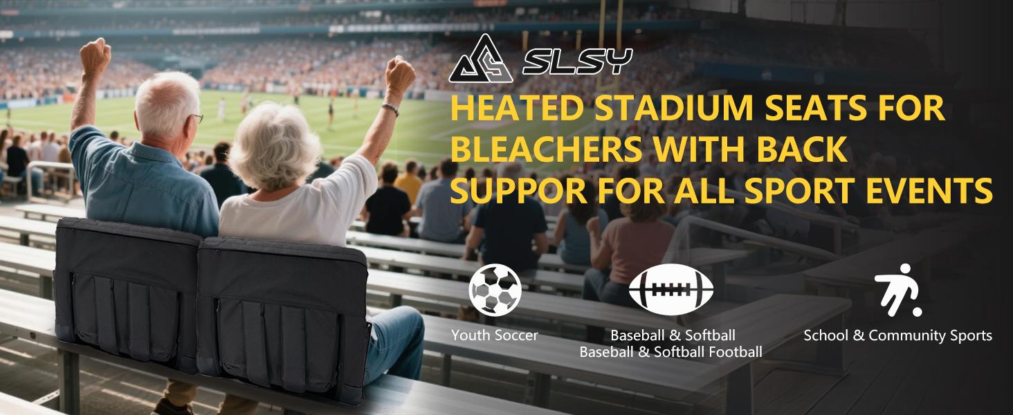 SLSY 2 Pack Wide Heated Stadium Seat for Bleachers w/Back Support & Cushion, Portable Foldable Stadium Chair with Armrests for Sports Events, Outdoor, Camping, Hiking - Power bank not included