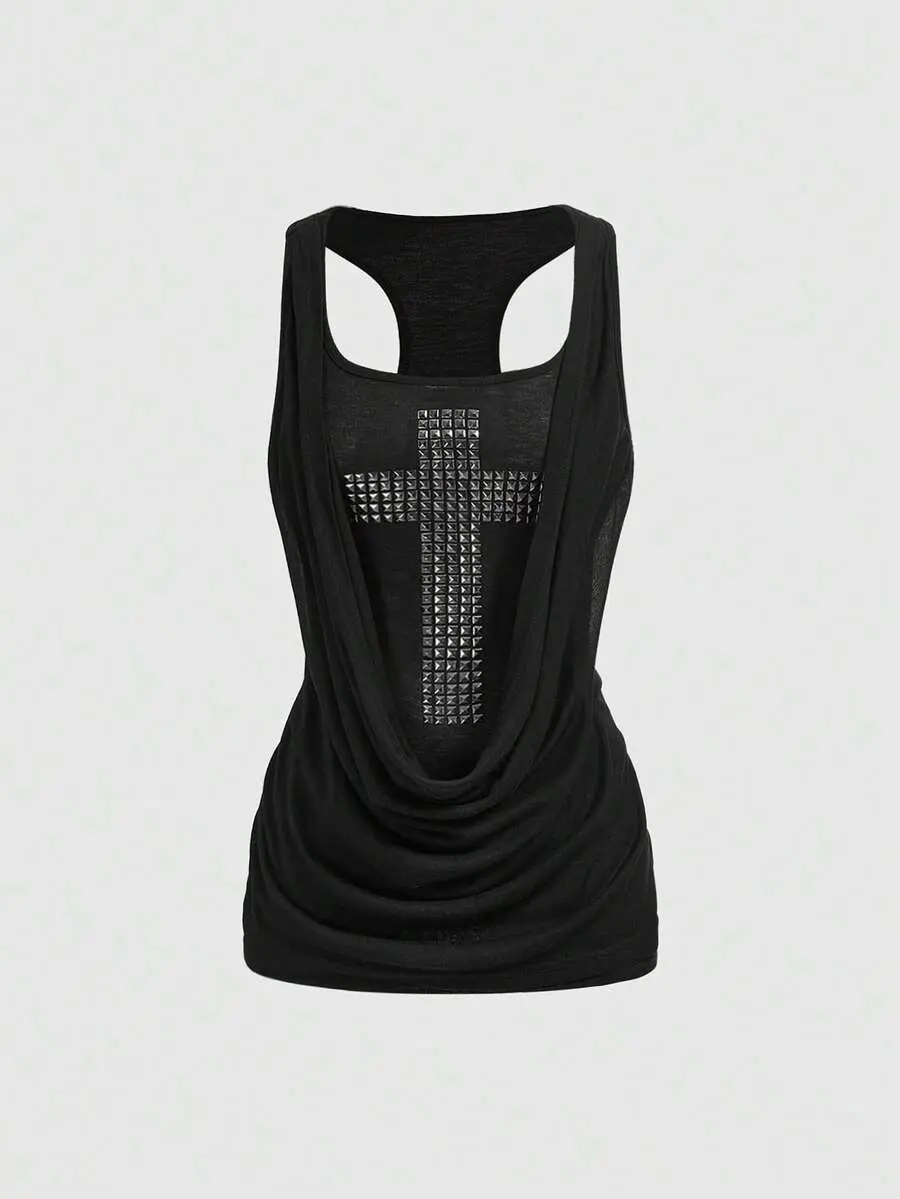 OFFGRID x Grunge Punk Y2K Style Deep Draped Neck Cross Metal Rivet Fitted Camisole