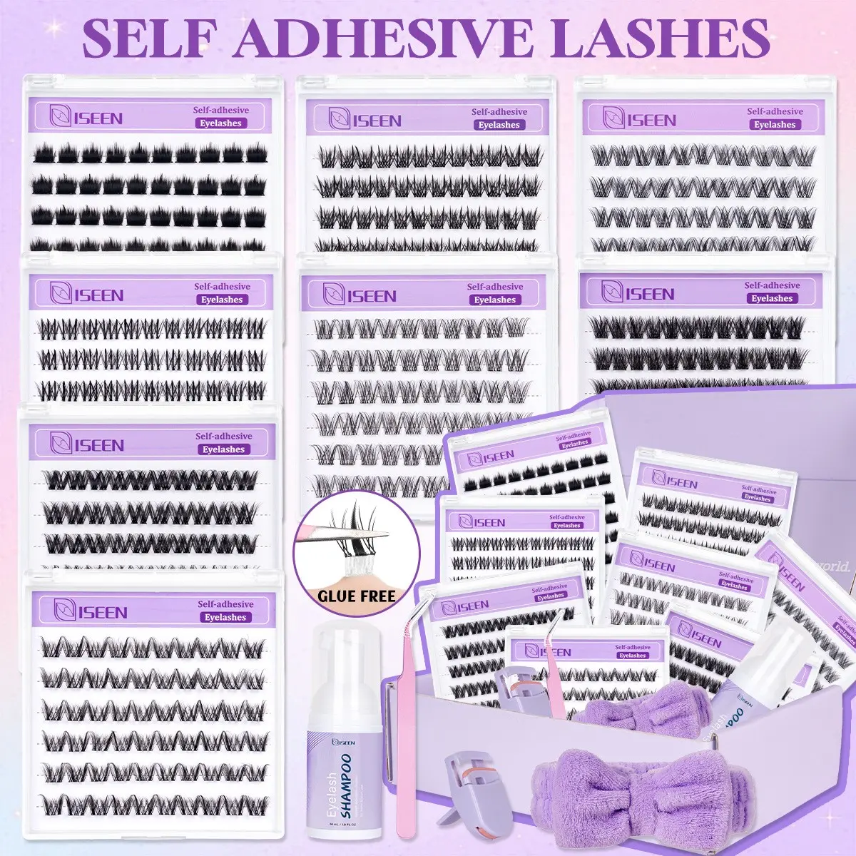8 Styles Self-Adhesive Lash Cluster Kit, Press On Lashes with Lash Cleansing Shampoo, Tweezers and Headband, Natural Look No Glue Cluster Lashes, Ultra-Thin Lightweight for Beginners