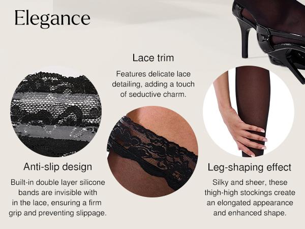 ​​Popilush Women's Socking & Spantyhose - Black Lace Trimmed Tights for Fashion-Forward Womenswear​ Sock Stocking